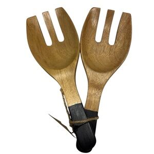 Hand Carved Wood Salad Servers Tong Fork Black Handle 3 Prong Set of 2 Forks